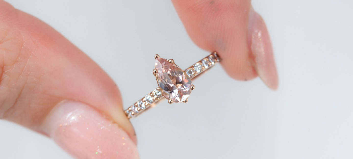 Pear Peach Morganite and Diamond ring in 18K rose gold