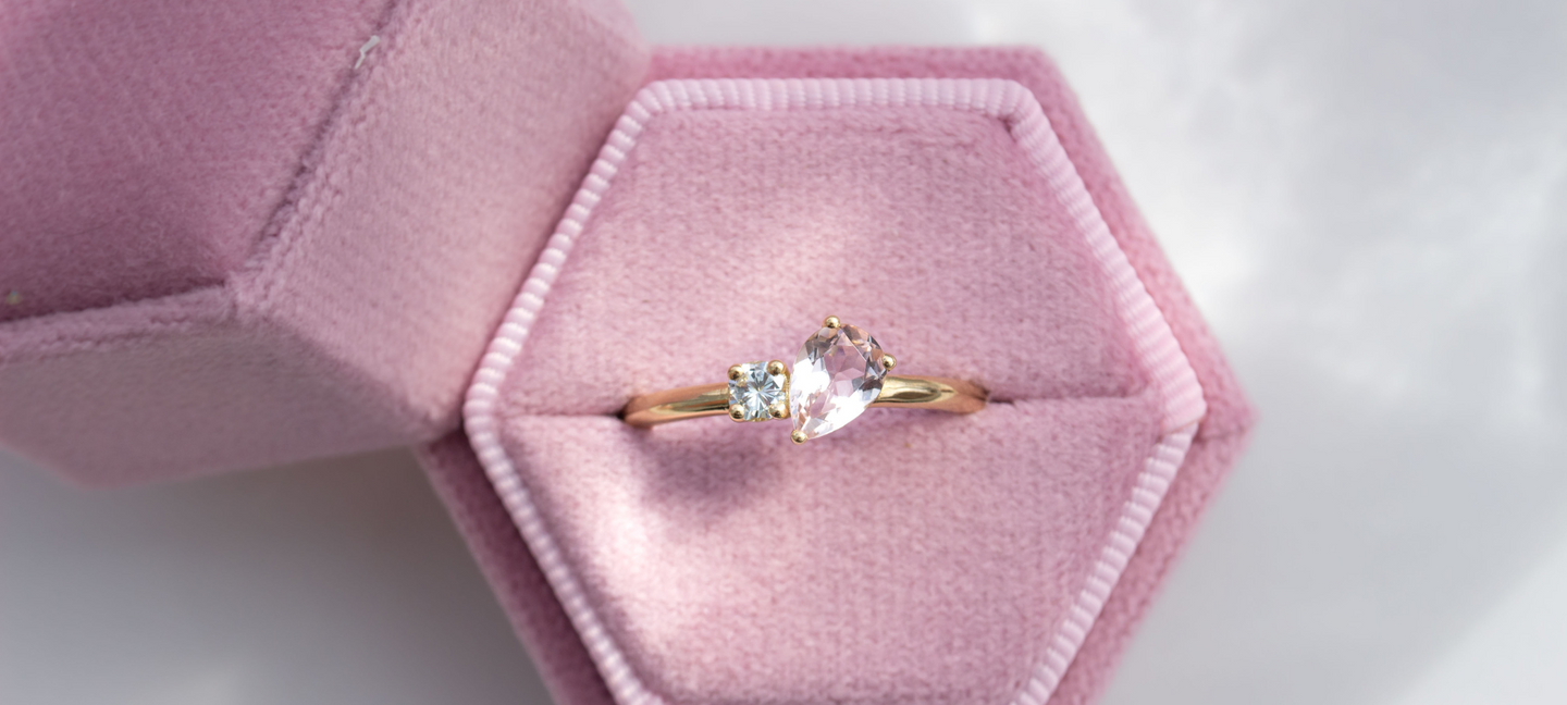 Pear Peach Morganite and Diamond toi et moi ring in 18K yellow gold