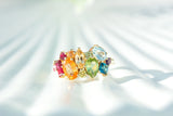 Birthstone cluster ring- Ruby, orange Garnet, yellow topaz, yellow diamond, aquamarine, topaz, amethyst, pink sapphire, peridot