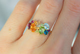 Birthstone cluster ring- Ruby, orange Garnet, yellow topaz, yellow diamond, aquamarine, topaz, amethyst, pink sapphire, peridot