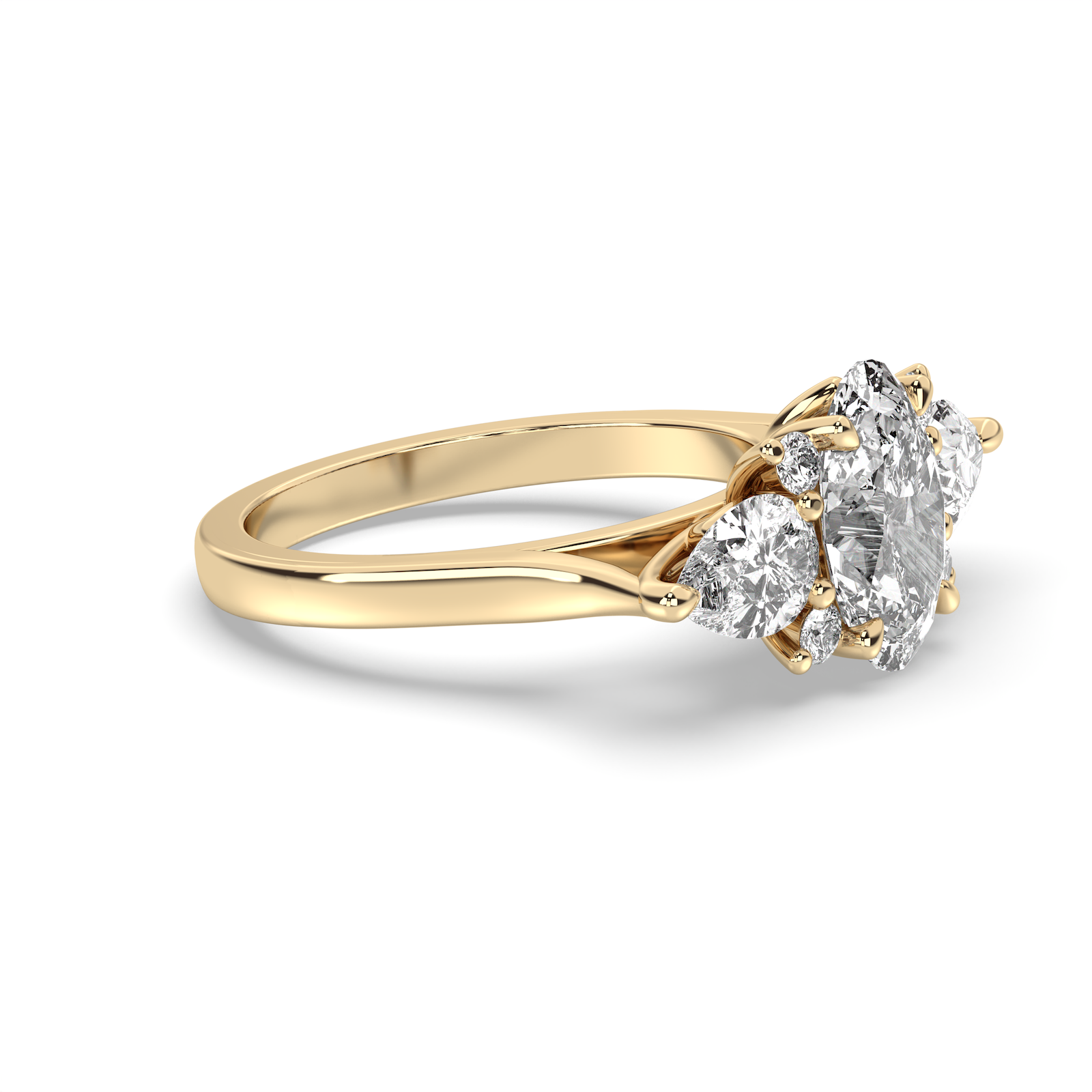 A yellow gold ring featuring a cluster of three round brilliant-cut diamonds, shown on a clean white background with a soft shadow.
