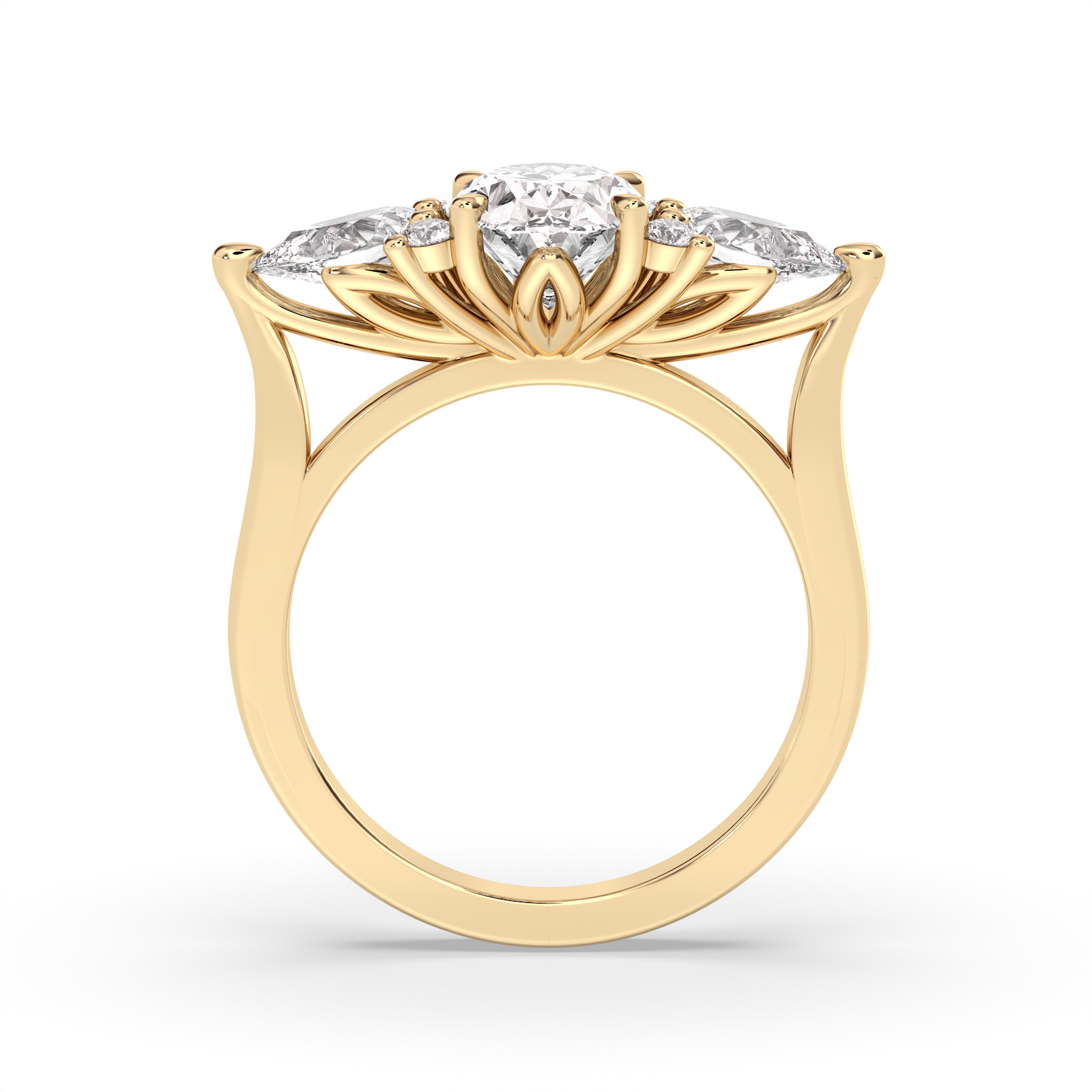 A yellow gold ring with a decorative floral crown setting featuring oval, pear and round diamonds, shown on a plain white background.