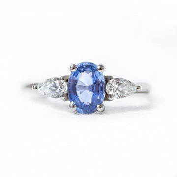 Cove Oval Blue Sapphire and Pear Diamond Triple Ring in Platinum by Amy Jennifer Jewellery