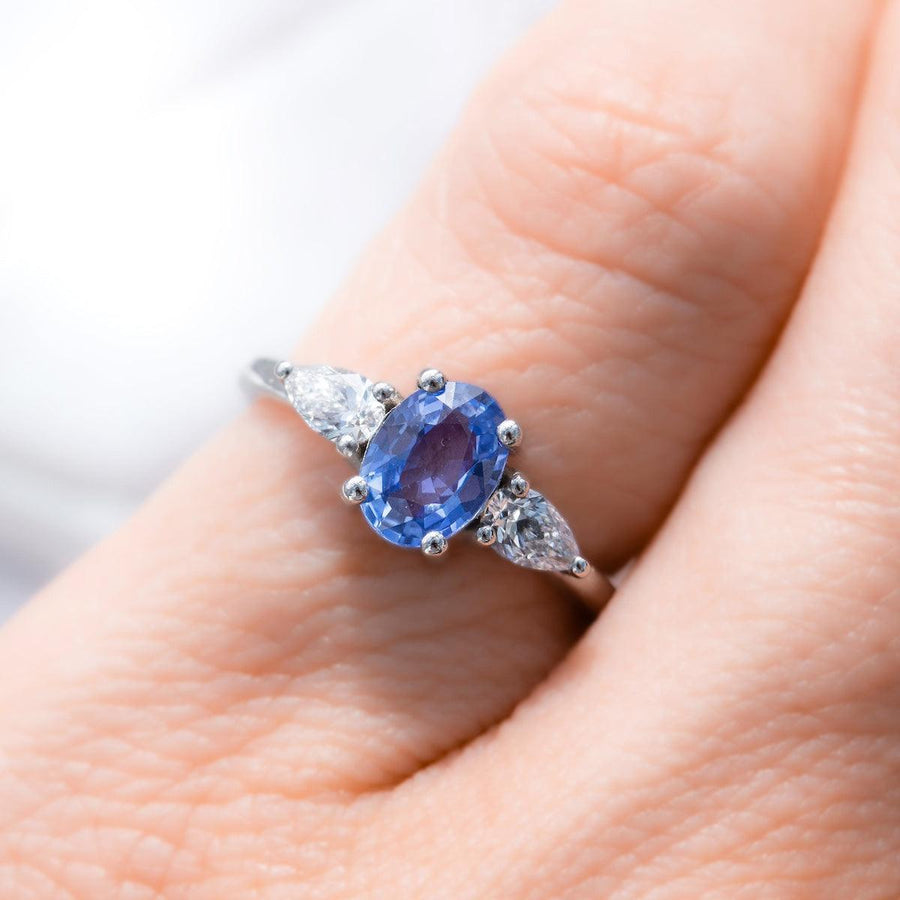Cove Oval Blue Sapphire and Pear Diamond Triple Ring in Platinum by Amy Jennifer Jewellery