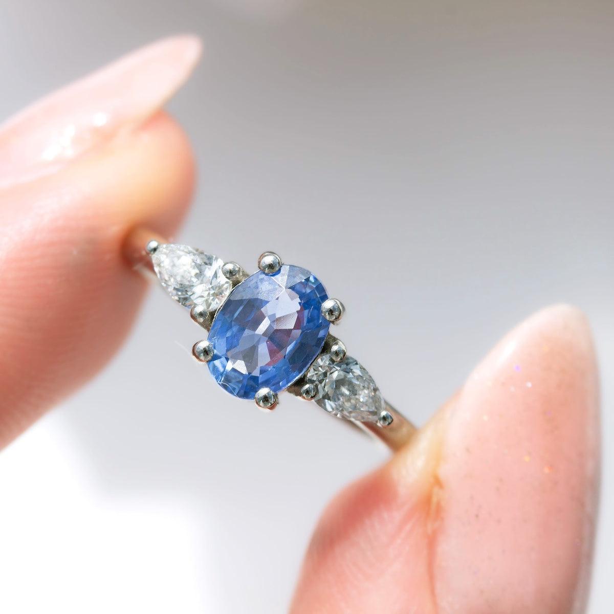 Cove Oval Blue Sapphire and Pear Diamond Triple Ring in Platinum by Amy Jennifer Jewellery