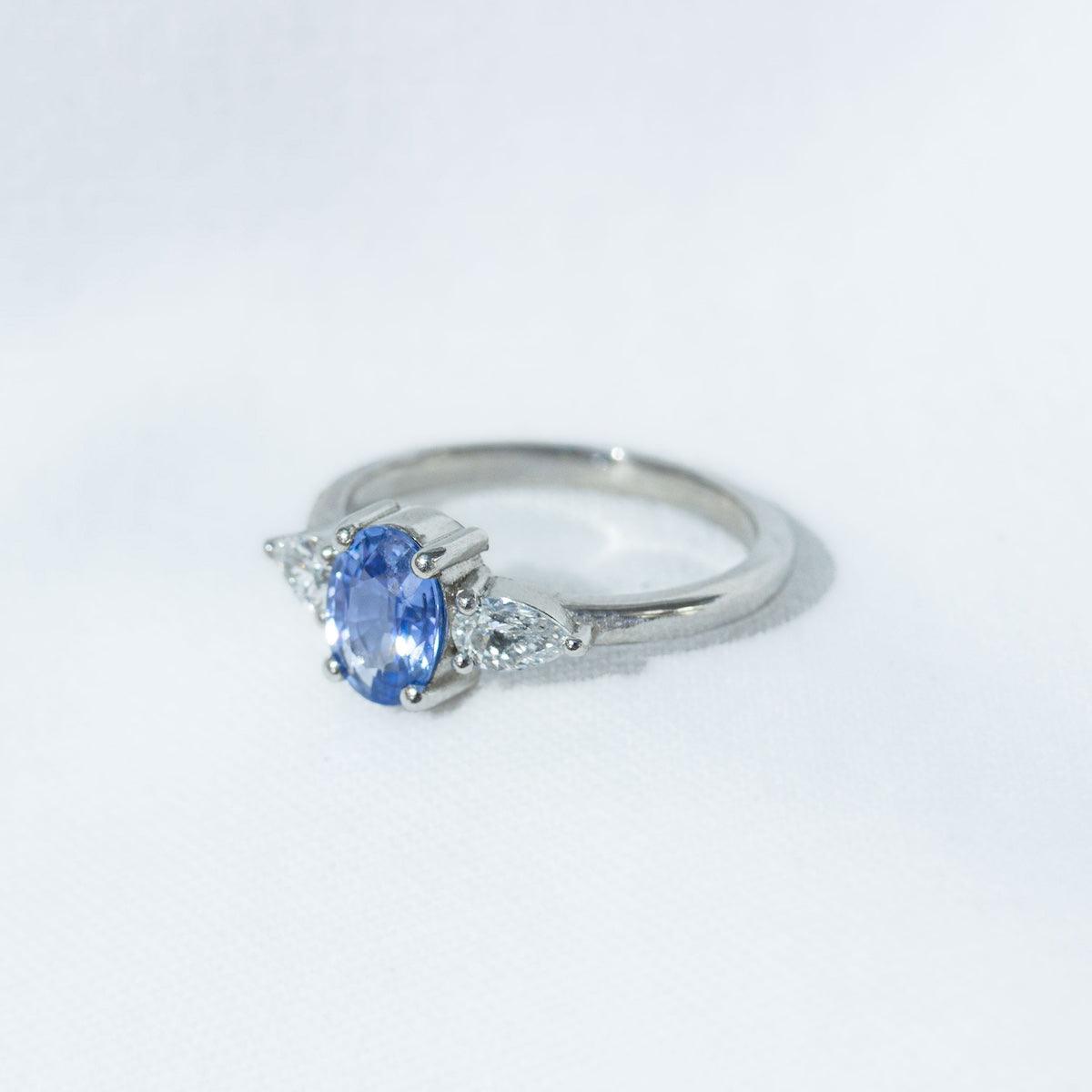 Cove Oval Blue Sapphire and Pear Diamond Triple Ring in Platinum by Amy Jennifer Jewellery