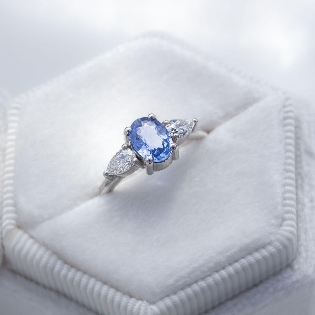 Cove Oval Blue Sapphire and Pear Diamond Triple Ring in Platinum by Amy Jennifer Jewellery