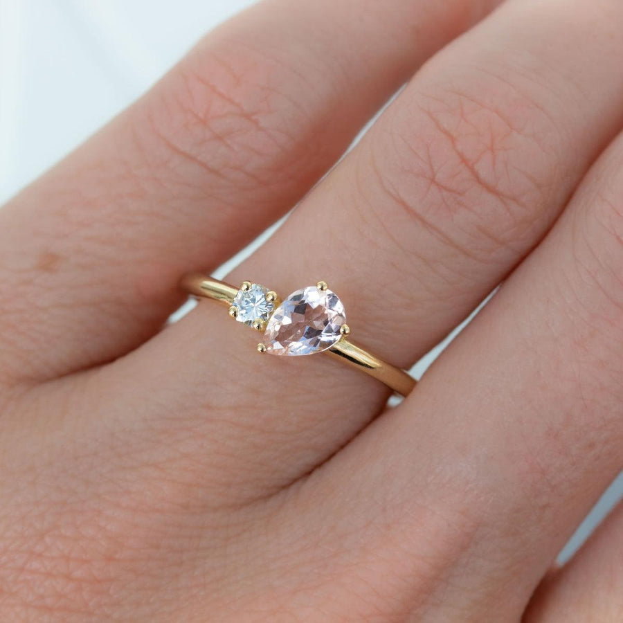 'Toi Et Moi' Ring - Pear shape Peach Morganite & Diamond Ring on hand
