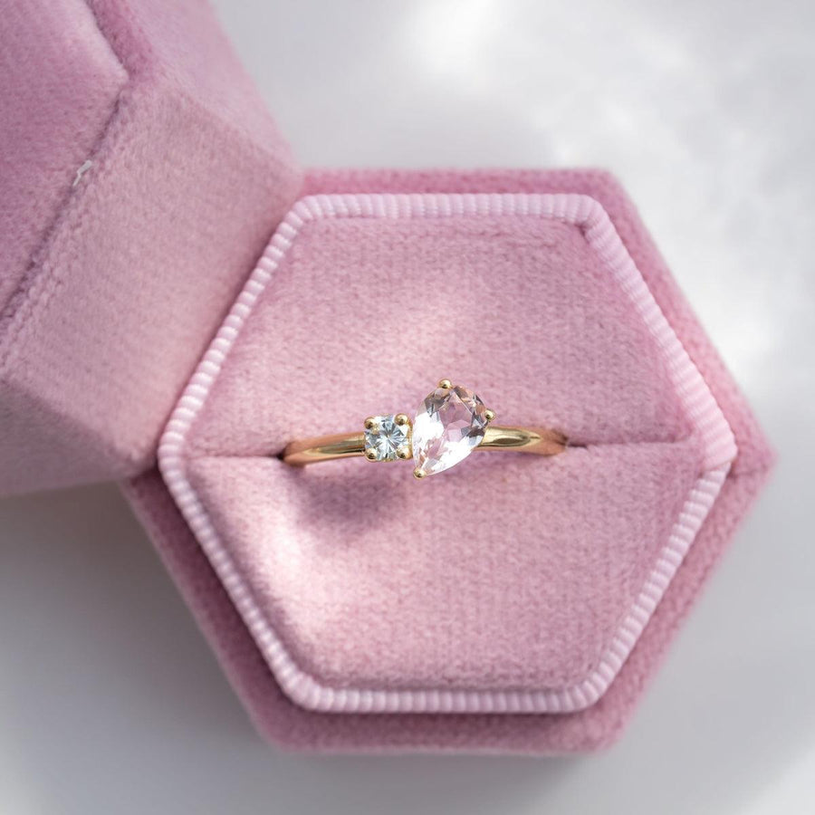 'Toi Et Moi' Ring - Pear shape Peach Morganite & Diamond Ring in pink velvet ring box