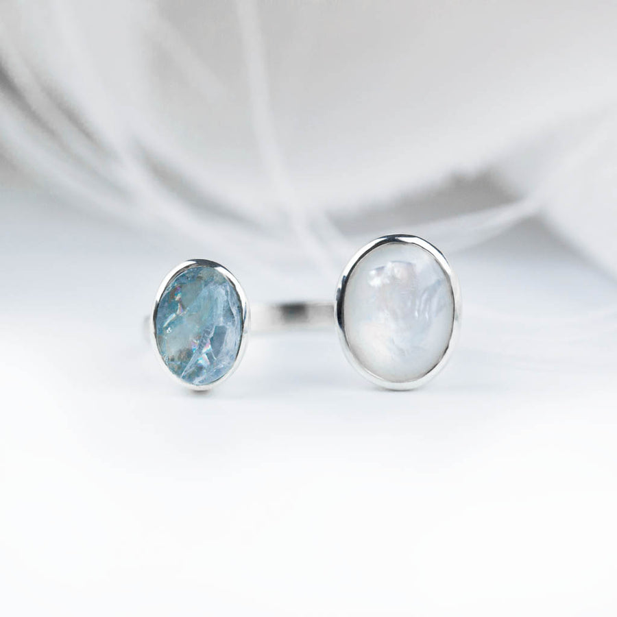 Oval Mother of Pearl Aquamarine Ring - Size 8-9