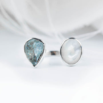 Oval Mother of Pearl & Aquamarine Ring - Size 6.5-7.5