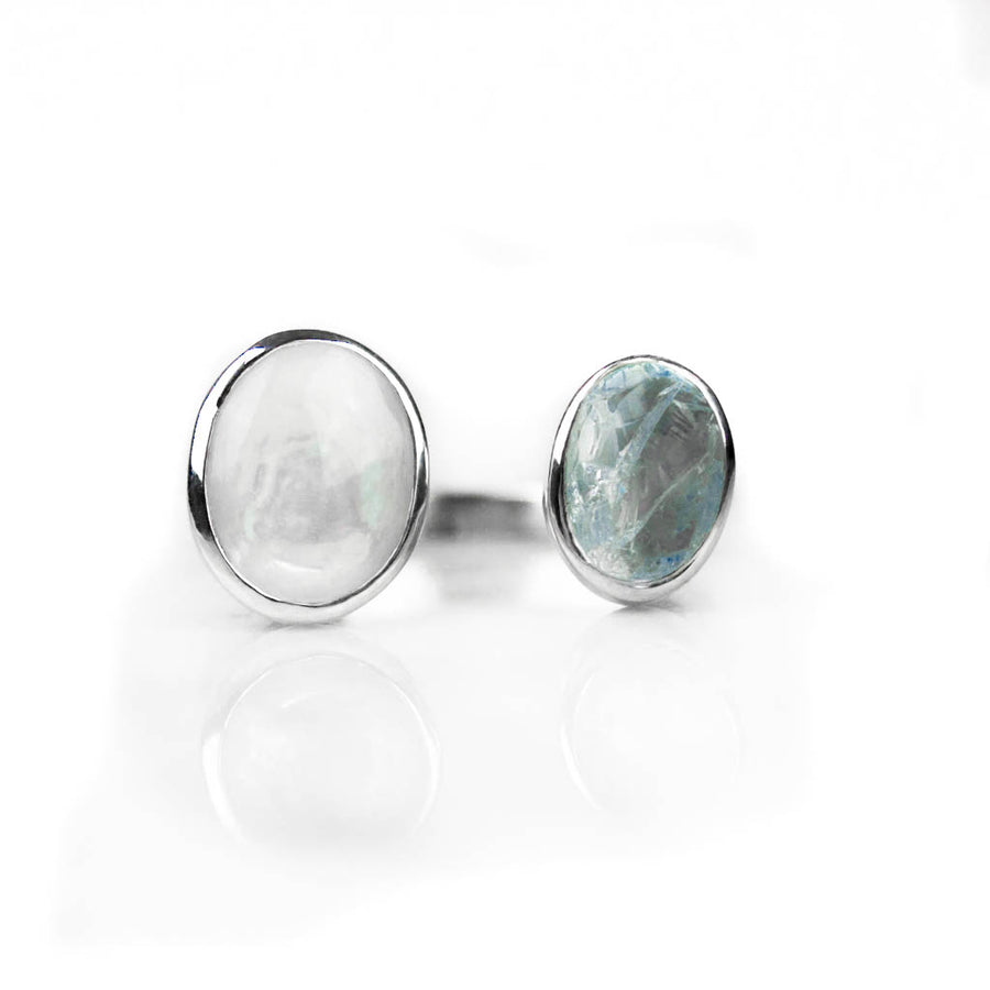Oval Mother of Pearl Aquamarine Ring - Size 8-9