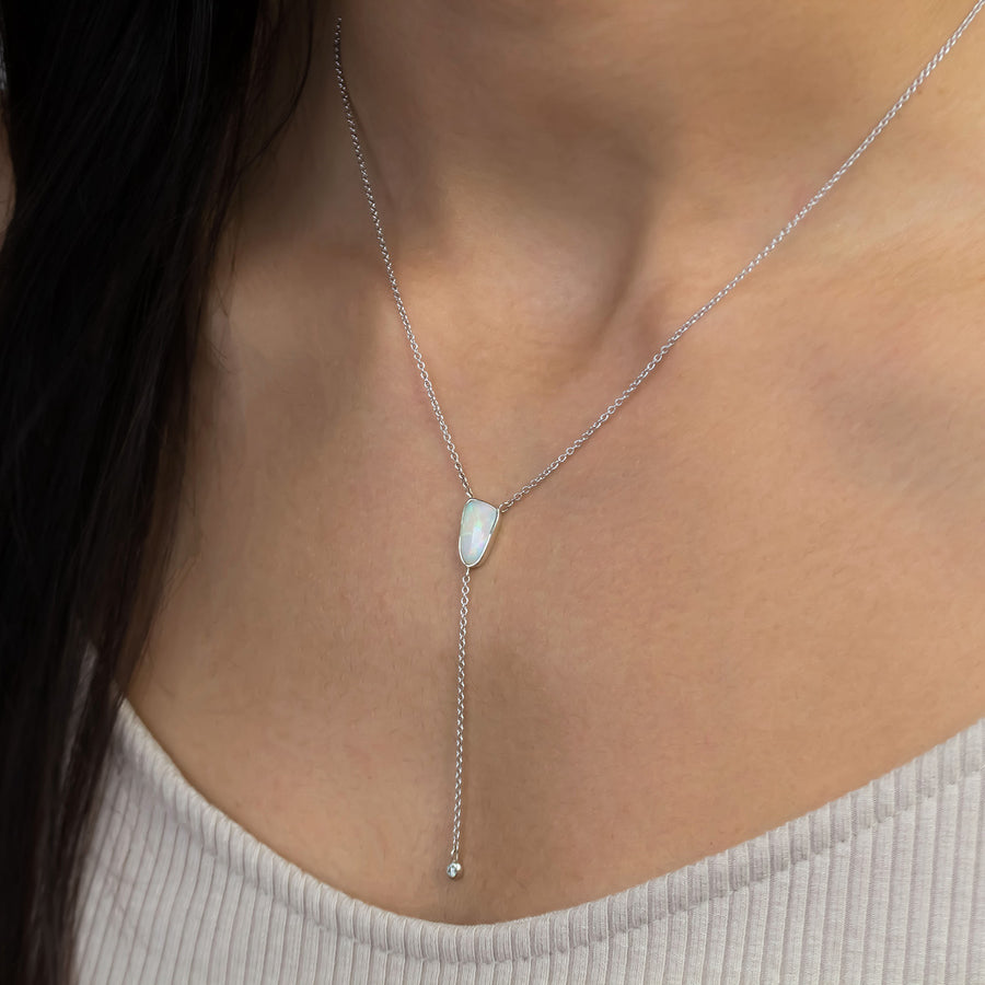 Luna Opal and Diamond Lariat Necklace in White Gold