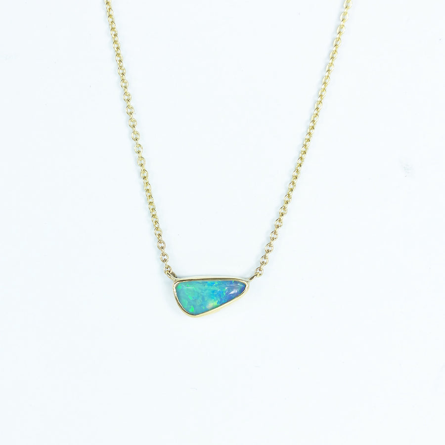 Aqua coloured crystal opal necklace in 9 carat yellow gold with 16inch chain