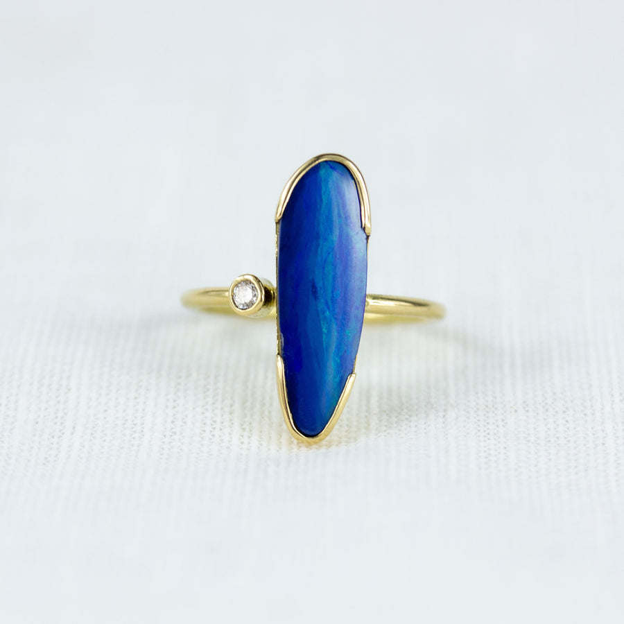 Blue Australian Opal & Diamond Drift Ring in 18K Gold - Amy Jennifer Jewellery