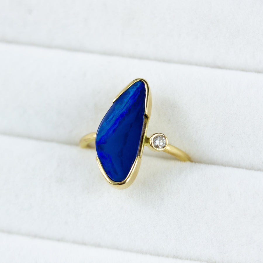 Blue Australian Opal & Diamond Drift Ring in 18K Gold - Amy Jennifer Jewellery