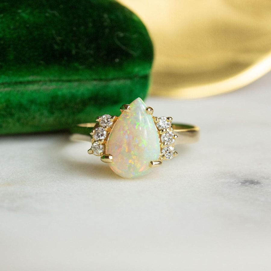 Pear Opal and Diamond Ring in 14K Gold - Amy Jennifer Jewellery